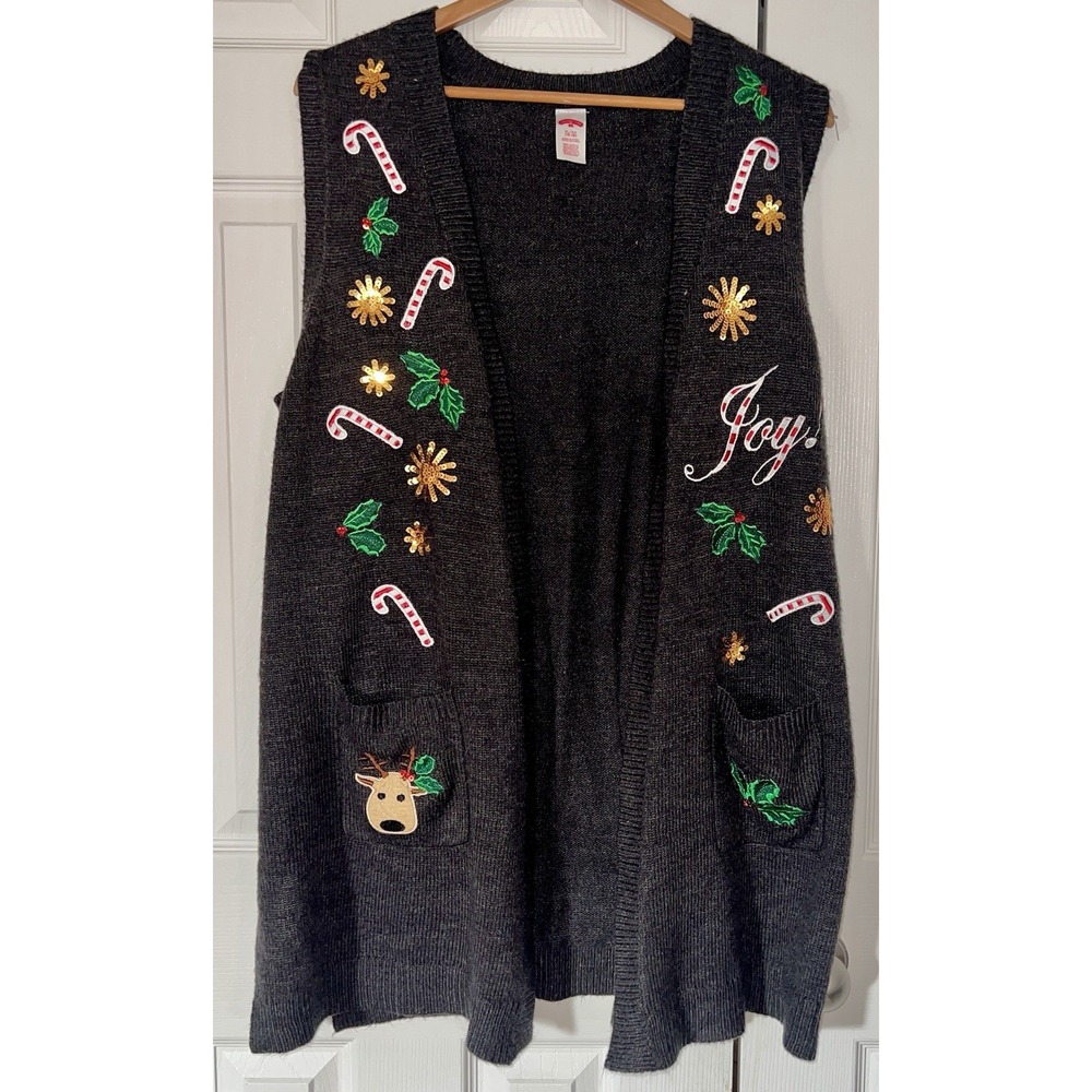 Holiday Time Christmas Long Charcoal Gray Open Front Vest XL